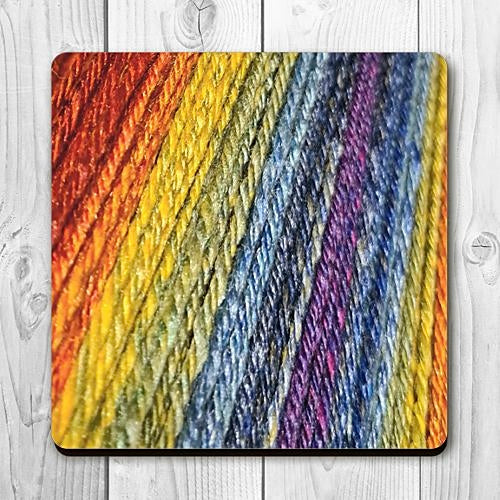 Coaster printed with images of handspun yarn and cork backing