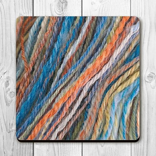 Coaster printed with images of handspun yarn and cork backing