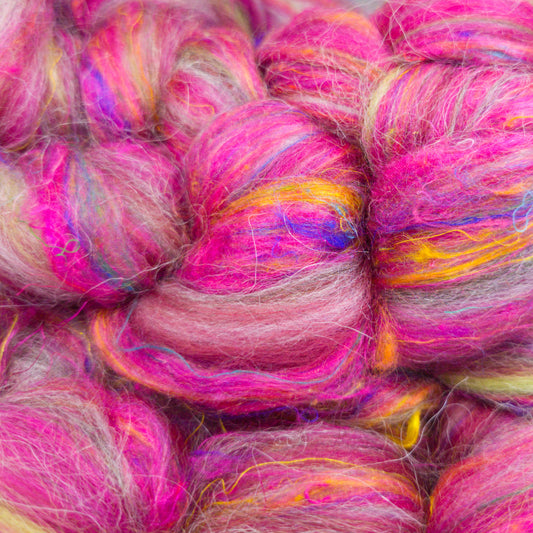 Rhubarb - Corriedale, UK Alpaca & Sari Silk Combed Top - Winnham Blend