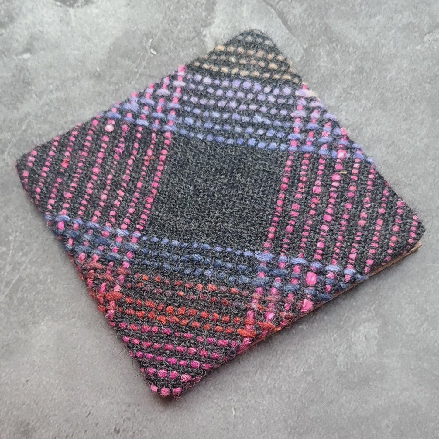 Handwoven Coaster with cork backing - Charcoal & Pink