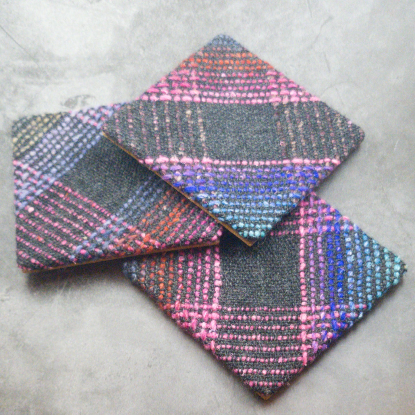 Handwoven Coaster with cork backing - Charcoal & Pink