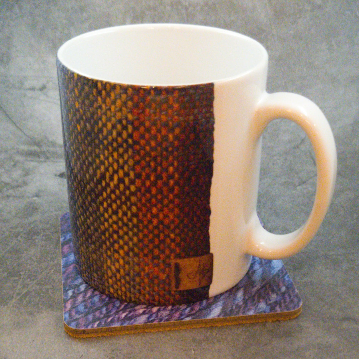 Coaster printed with images of handspun yarn and cork backing