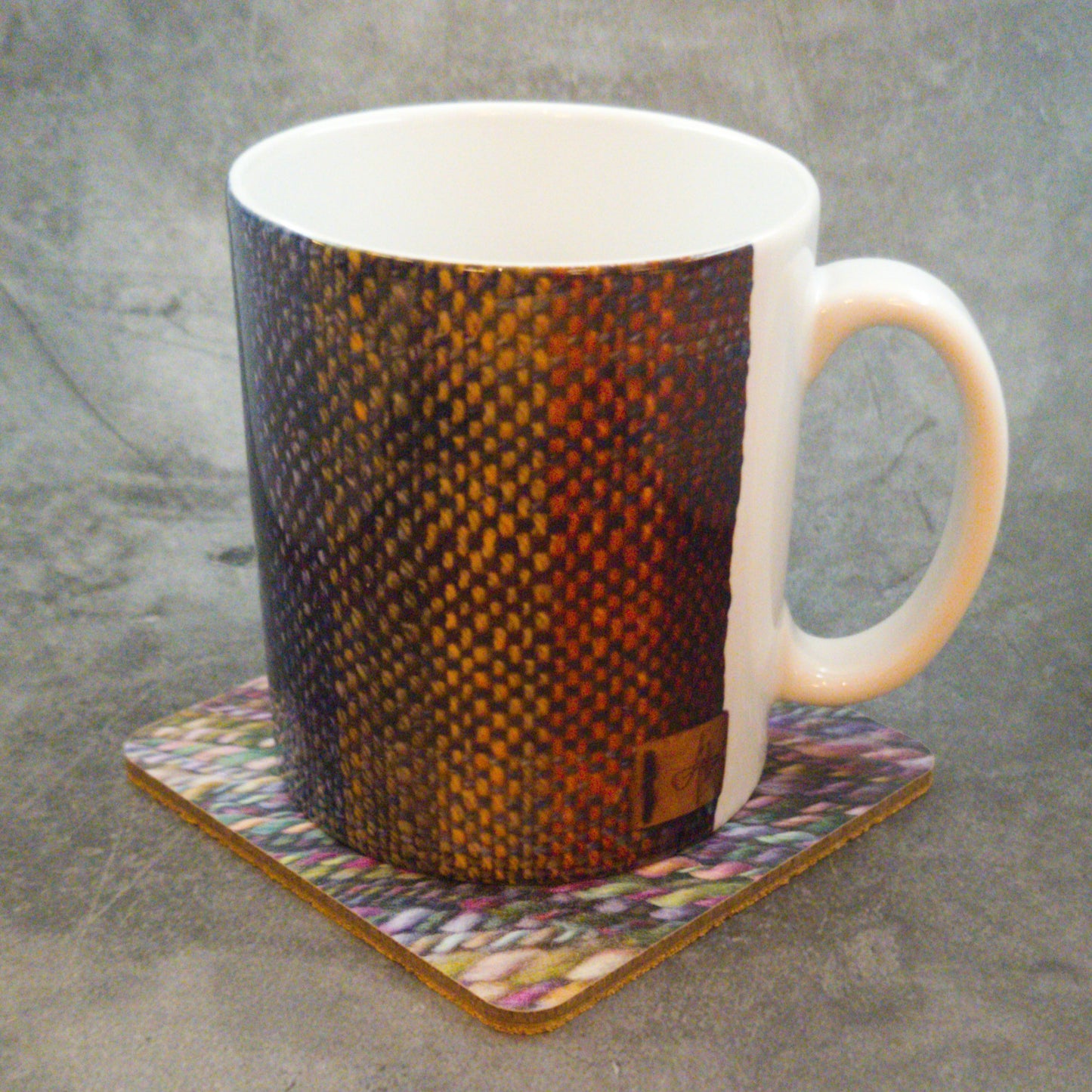 Coaster printed with images of handspun yarn and cork backing