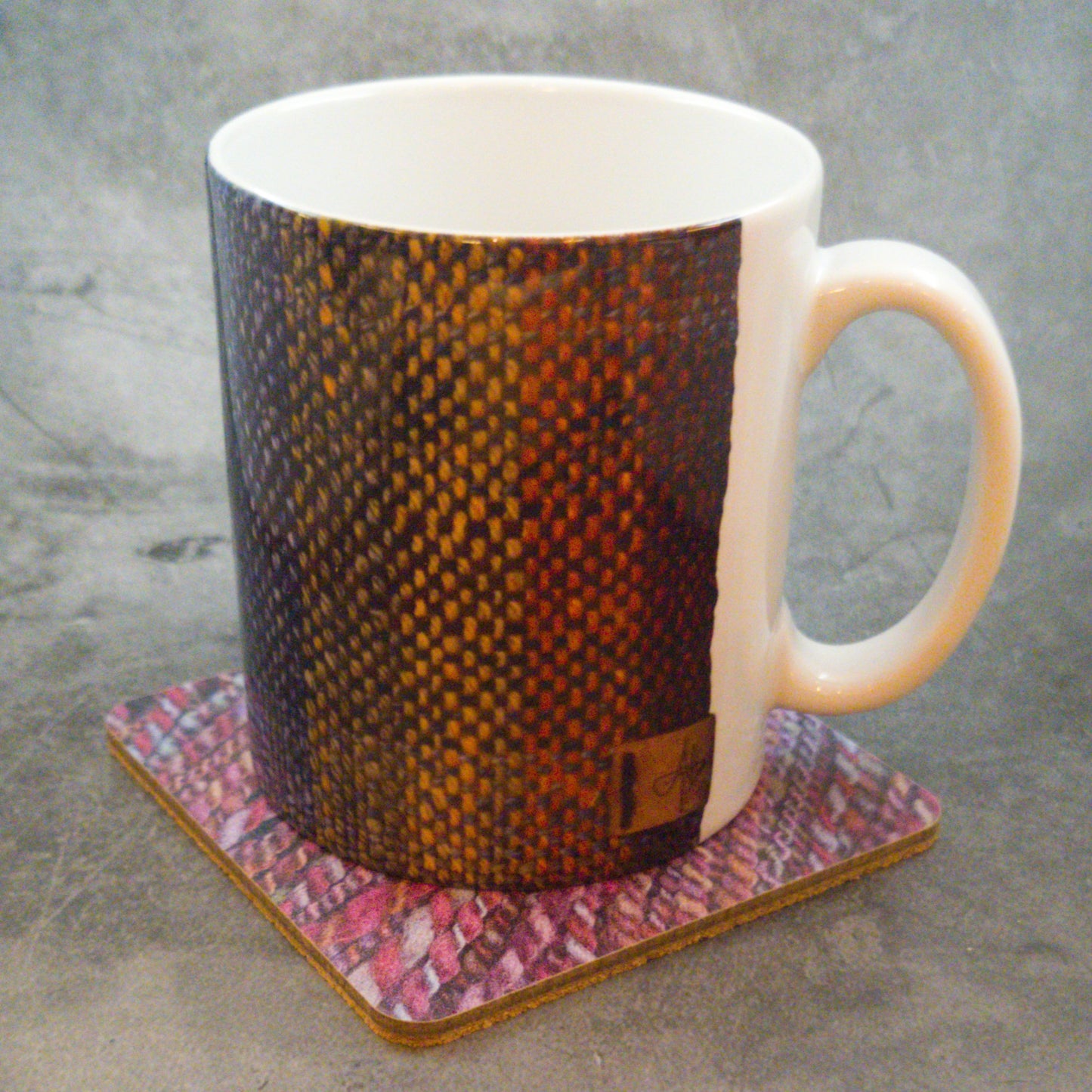 Coaster printed with images of handspun yarn and cork backing