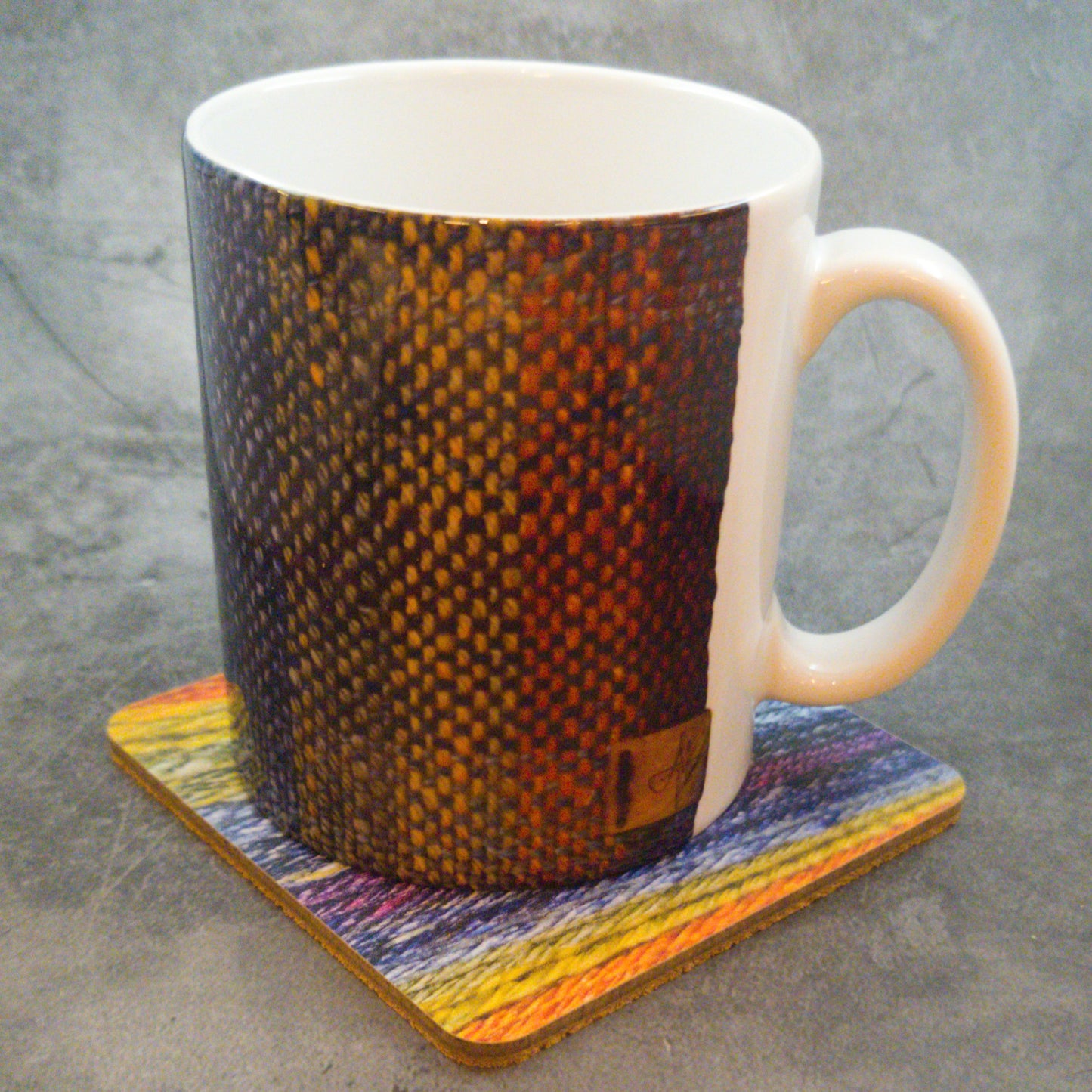 Coaster printed with images of handspun yarn and cork backing