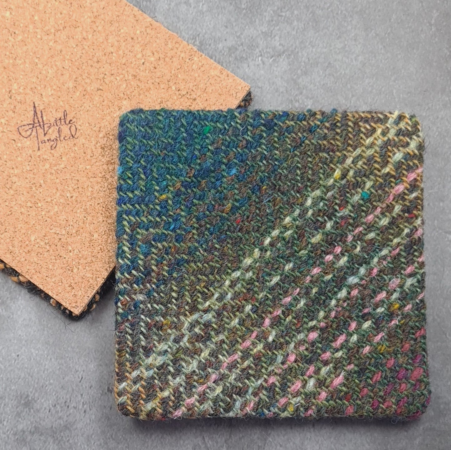 Coaster featuring handwoven fabric and cork backing - Diagonal Tweed