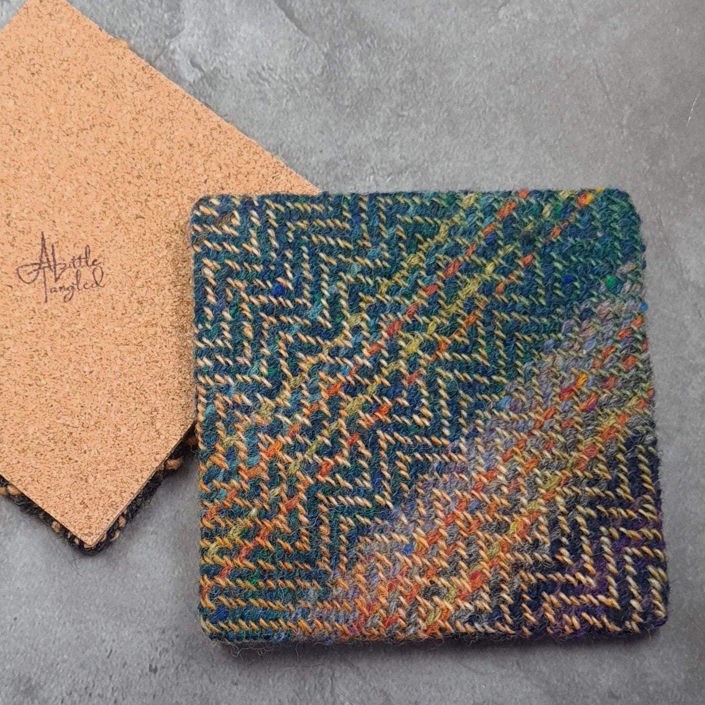 Coaster featuring handwoven fabric and cork backing - Diagonal Tweed