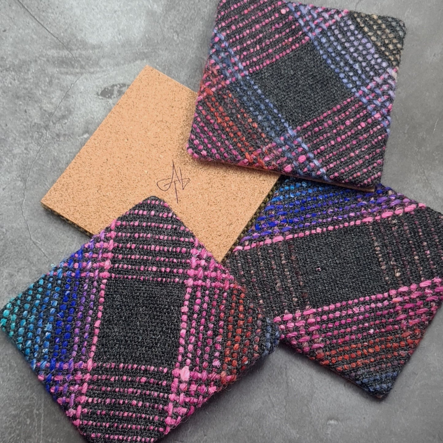 Handwoven Coaster with cork backing - Charcoal & Pink