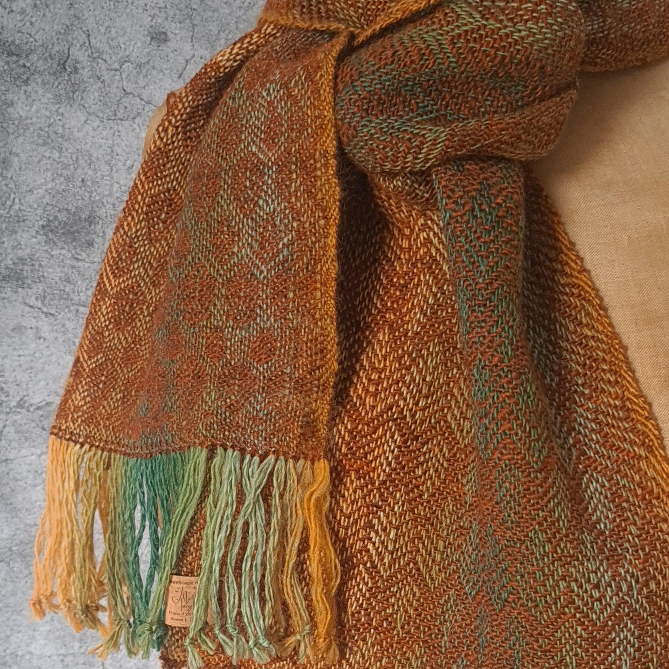 Copper, Green and Orange Leaf Twill Scarf