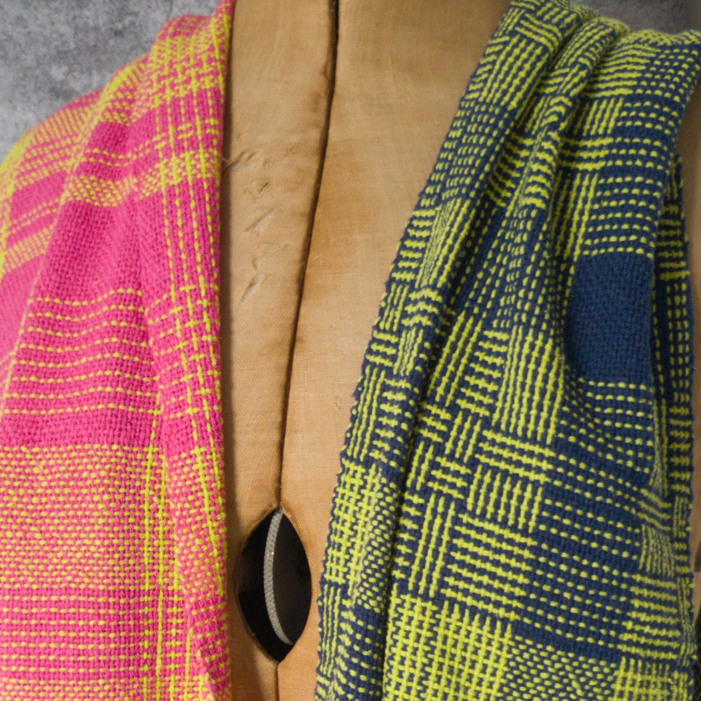 Log Cabin Silk Shawl in Navy & Chartreuse