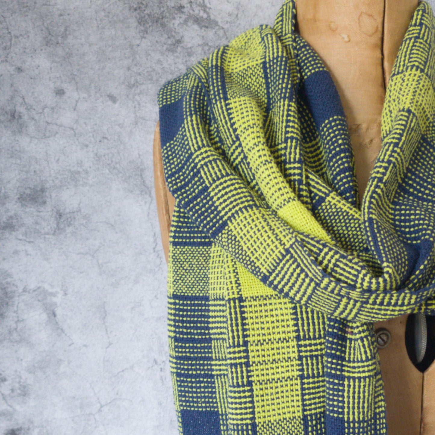 Log Cabin Silk Shawl in Navy & Chartreuse