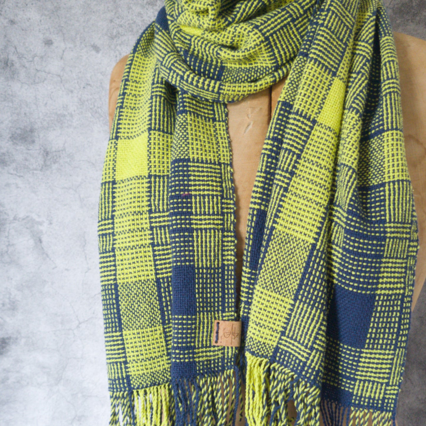 Log Cabin Silk Shawl in Navy & Chartreuse