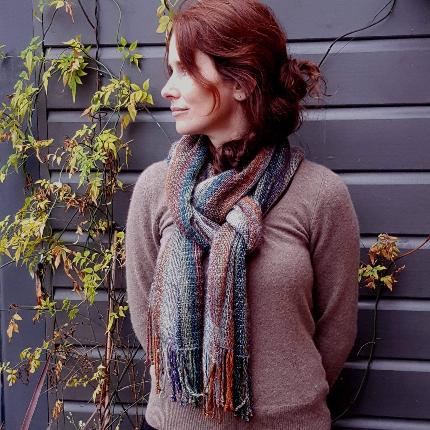 Hand Woven Striped Scarf in Lambs Wool, Kid Mohair and Silk - muted Autumn shades a Scarf from A Little Trinket