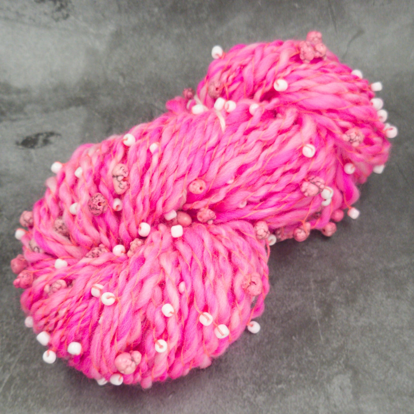 Pinkatee-pink-pink - Art yarn, spiral spun with beads