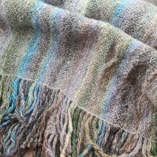 Hand Woven Striped Scarf in Wool, Mohair and Silk