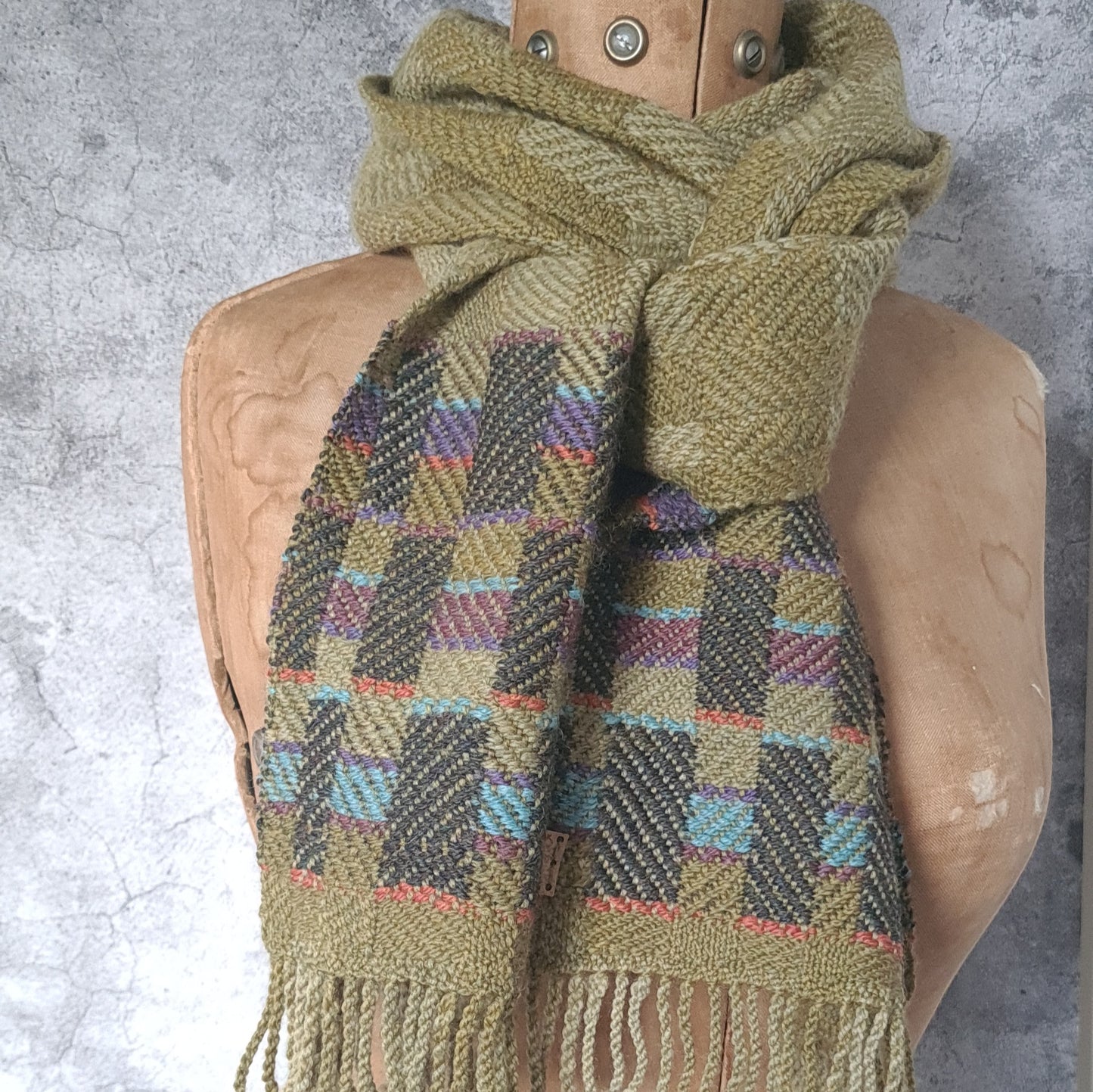 Olive Twill Block Scarf with Double Faced details