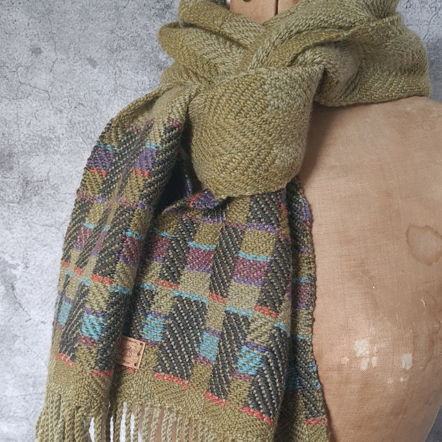 Olive Twill Block Scarf with Double Faced details