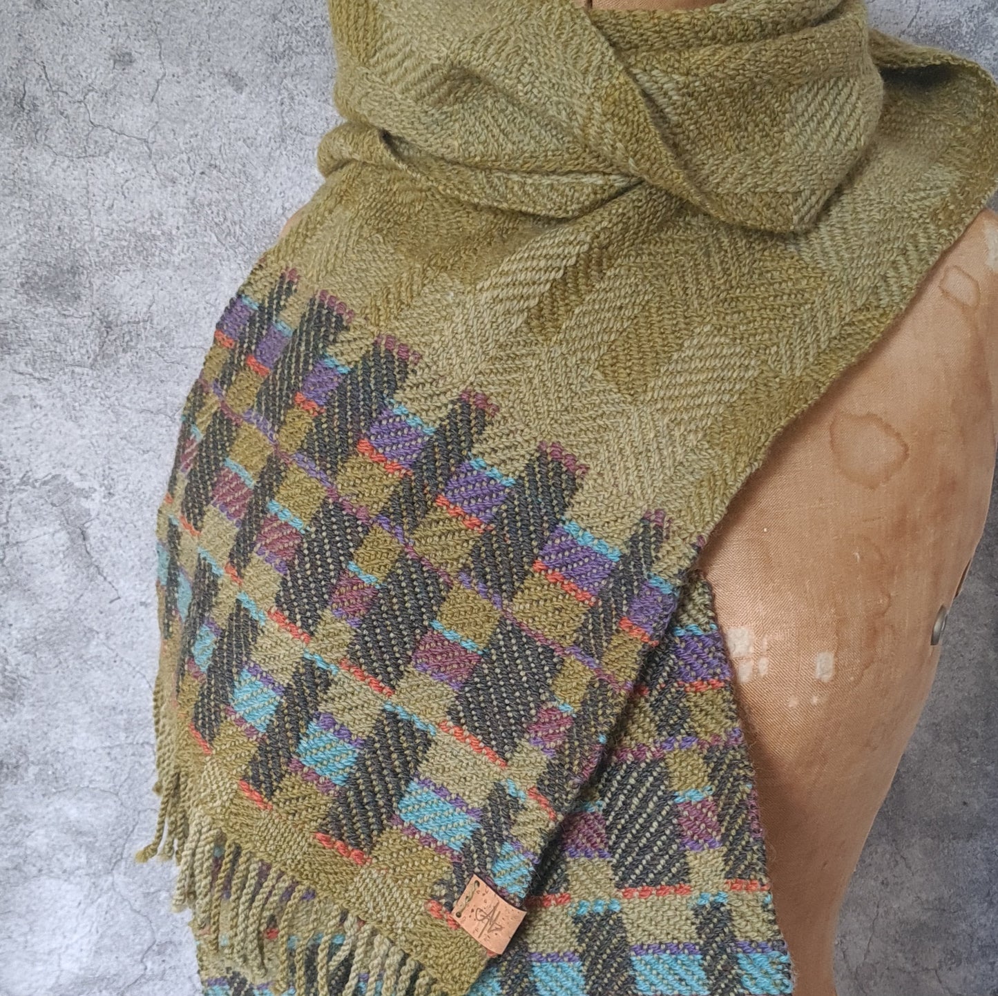 Olive Twill Block Scarf with Double Faced details