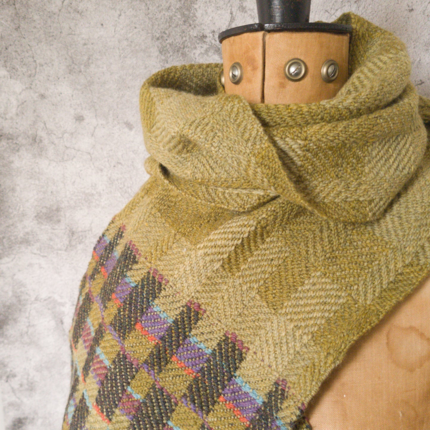 Olive Twill Block Scarf with Double Faced details