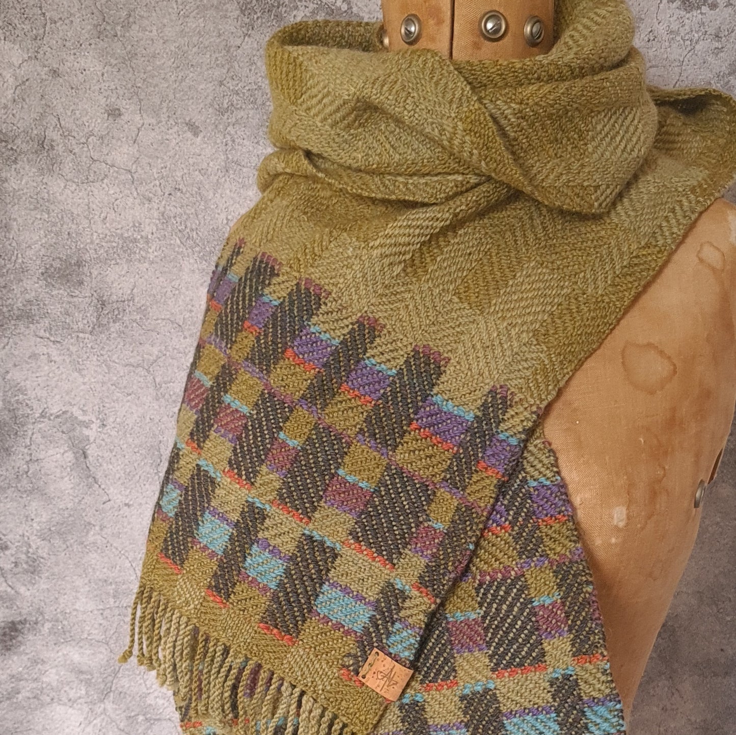 Olive Twill Block Scarf with Double Faced details