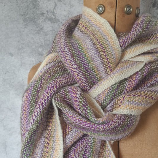 Crocus Stripes Scarf, 100% wool featuring hand dyed and handspun yarn