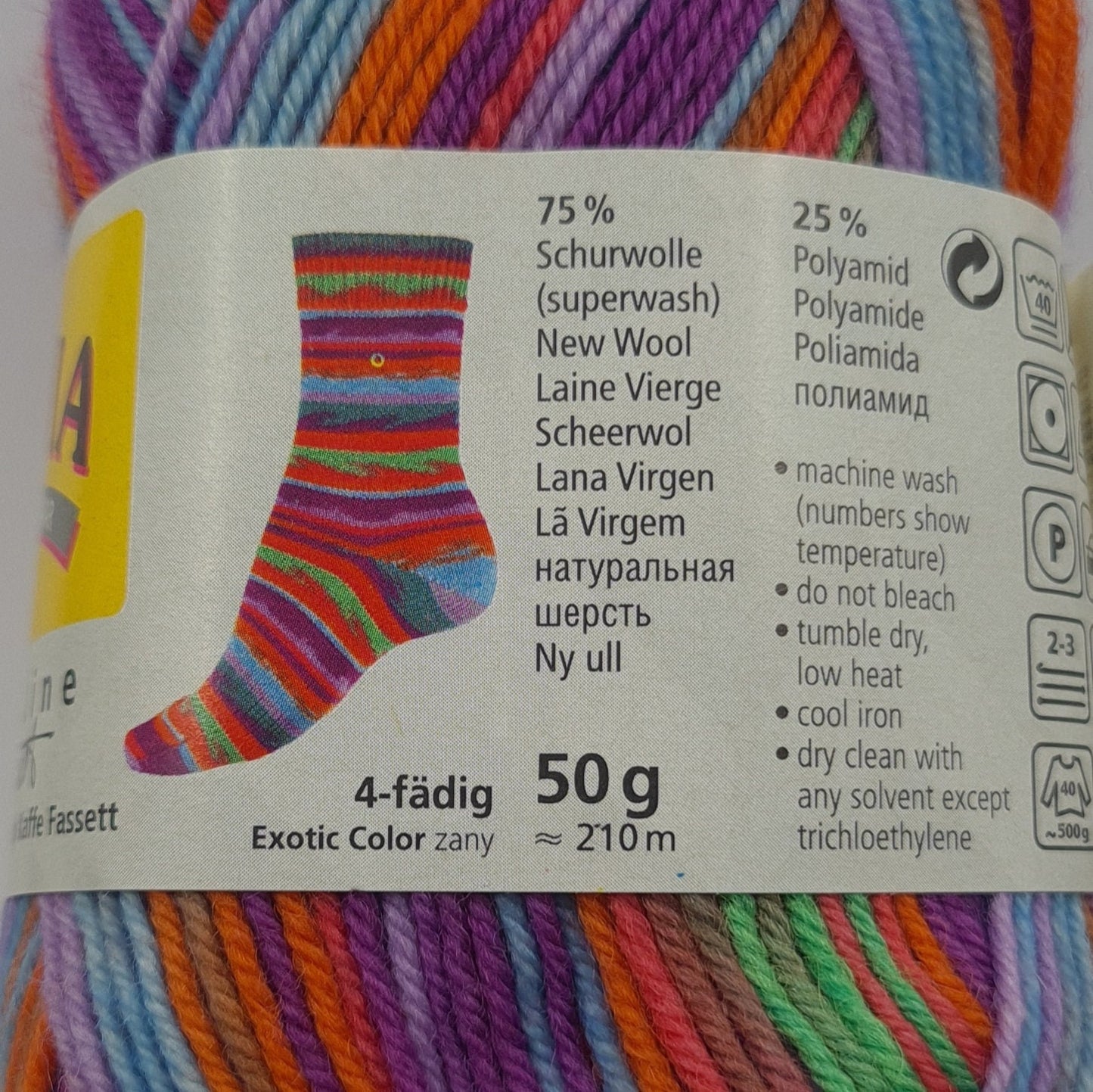 Sock Yarn - Self Patterning. 50g ball of Regia Design Line by Kaffe Fassett Exotic Color, Zany. FREE sock pattern. Wool Polyamide mix