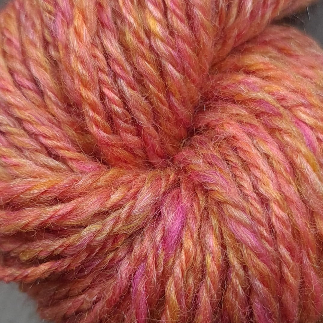 Handspun Worsted/Aran yarn, 20g mini skein, merino wool & silk, orange and pink,